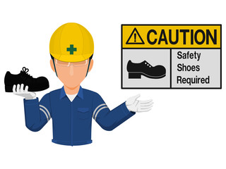 Industrial worker is presenting shoe warning sign