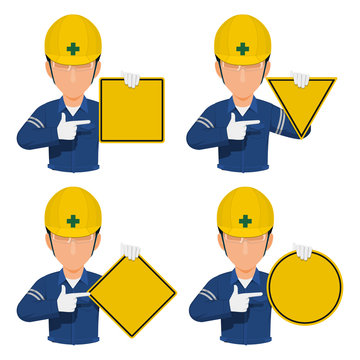 Set of worker hold blank sign on transparent background