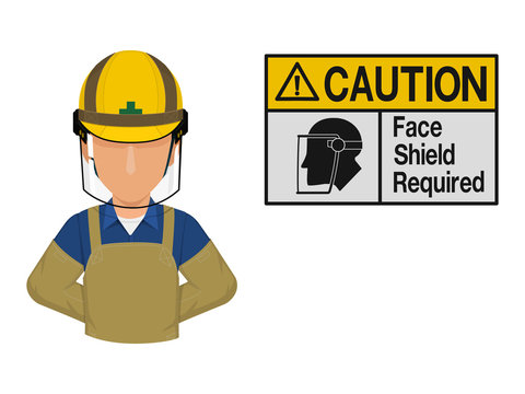 Industrial worker is presenting face shield warning sign