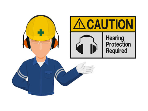 Industrial worker is presenting hearing protection warning sign