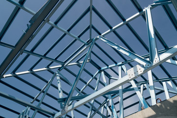 Structure of steel roof frame for building construction.