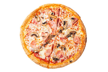 Fresh delicious pizza with ham and mushrooms.