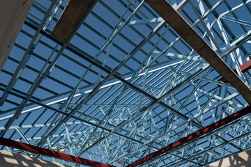 Structure of steel roof frame for building construction.