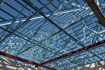 Structure of steel roof frame for building construction.