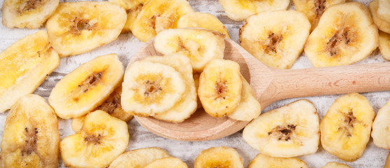 Homemade chips of banana for snack or dessert