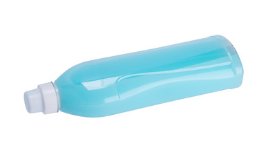 blue bottle with air conditioning for clothes, lying on the side, on a white background
