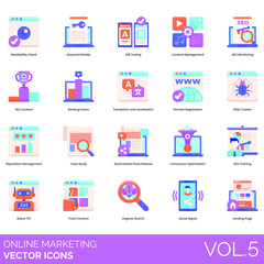 Online marketing icons including readability check, keyword density, AB testing, content management, SEO monitoring, contest, ranking factor, translation, localization, domain registration, crawler.