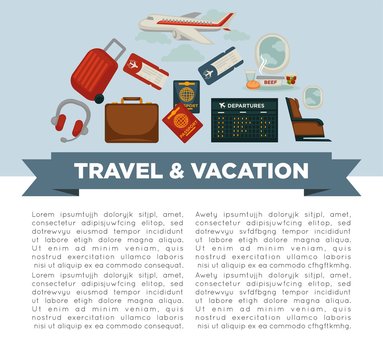 Travel or airplane world tour poster vector flat design for tourism agency or summer vacations.