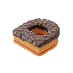 3D rendered letter shaped cake with chocolate icing and nonparelis on top on isometric view