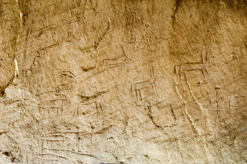 Ancient carving on the rocks, parietal art, cave painting, rock drawing in the Timna National Park, desert of Aravah valley in Israel