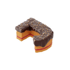 3D rendered letter shaped cake with chocolate icing and nonparelis on top on isometric view