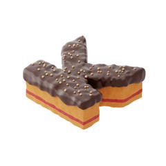 3D rendered letter shaped cake with chocolate icing and nonparelis on top on isometric view