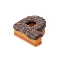 3D rendered letter shaped cake with chocolate icing and nonparelis on top on isometric view