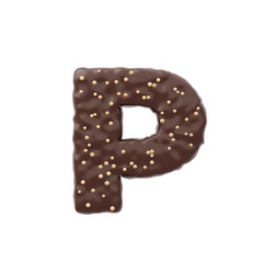 3D rendered letter shaped cake with chocolate icing and nonparelis on top
