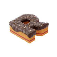 3D rendered letter shaped cake with chocolate icing and nonparelis on top on isometric view