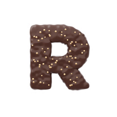 3D rendered letter shaped cake with chocolate icing and nonparelis on top