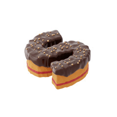3D rendered letter shaped cake with chocolate icing and nonparelis on top on isometric view