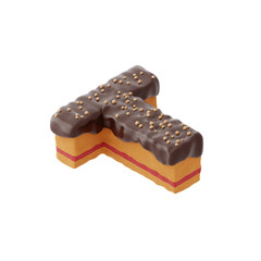 3D rendered letter shaped cake with chocolate icing and nonparelis on top on isometric view