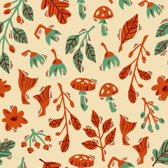 Fototapeta premium Hand Drawn Vector Seamless Forest Pattern with Abstract Plants, Mushrooms and Flowers.