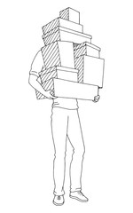 Man holding boxes graphic black white isolated sketch illustration vector