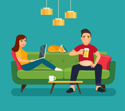 Lazy young fat man with glass of beer and Young woman looking into a laptop sitting on sofa isolated. Vector flat style illustration