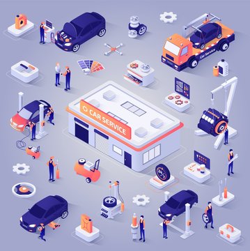 Car Service Isometric Projection Vector Icons Set