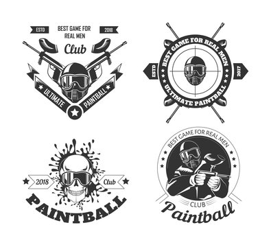 Paintball game sport club logo templates of gamer shooting target or paint ball gun