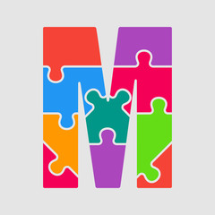 Vector jigsaw color shape puzzle piece letter - M.