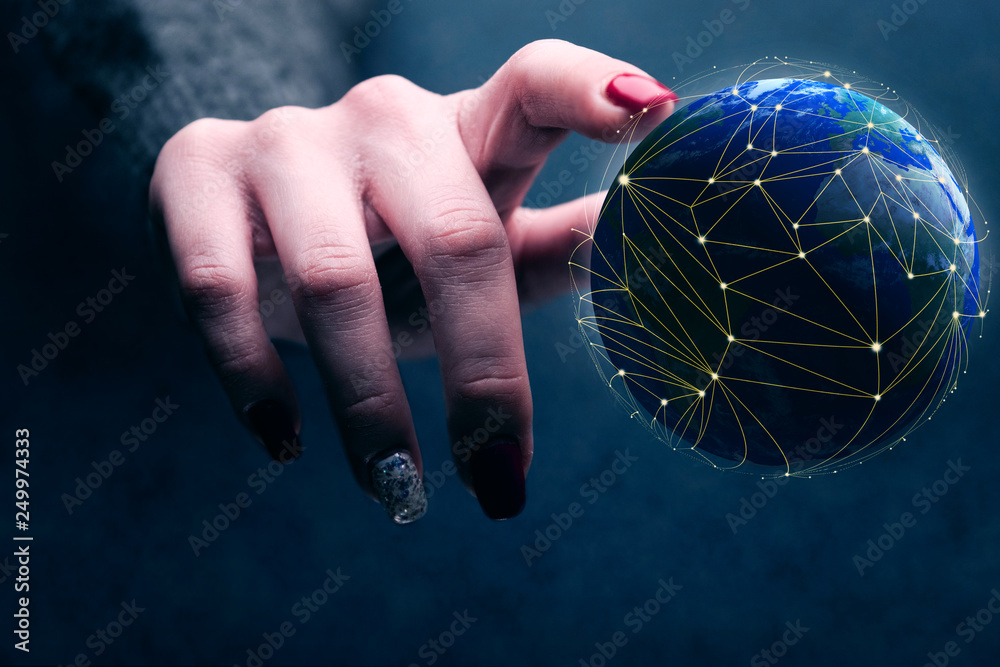Aufkleber woman touching planet with finger and network web. mixed media.