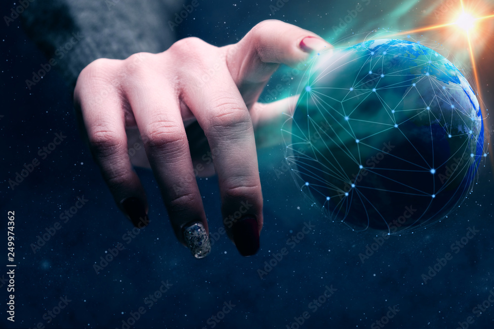 Aufkleber woman touching planet with finger and network web and blue nebula dust. mixed media.