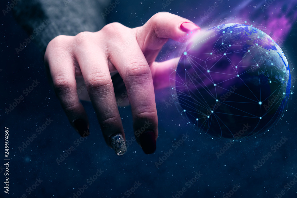 Aufkleber woman touching planet with finger and network web and purple nebula dust. mixed media.