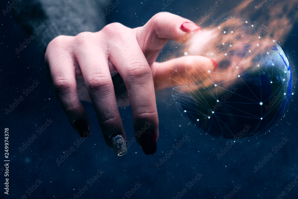 Aufkleber woman touching planet with finger and network web and burn nebula dust. mixed media.