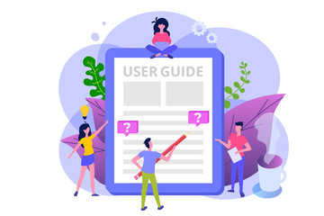 User manual  flat style concept. People with guide instruction are discussing about content of handbook. Vector illustration.