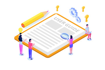 User manual  isometric concept. People with guide instruction are discussing about content of handbook. Vector illustration.