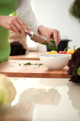 Unknown human hands cooking in kitchen. Woman is busy with vegetable salad. Healthy meal, and vegetarian food concept