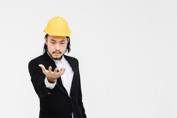 Portrait of Asian engineer hand come forward..