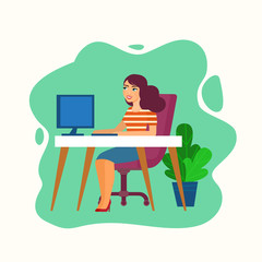 Fototapeta na wymiar Young woman working at her office. Vector flat style illustration