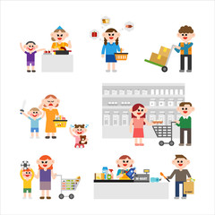 Various characters in the mart. flat design style minimal vector illustration