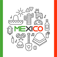 A set of symbol icons of Mexico in line style. flat design style minimal vector illustration