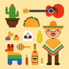 A set of Mexican traditional characters and symbolic objects. flat design style minimal vector illustration