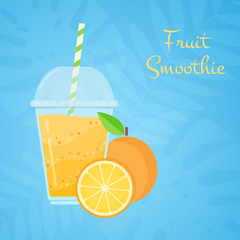 Orange raw fruit tasty smoothie vector illustration. Juicy vegeterian vitamin beverage or protein milk shake in cup glass and fresh orange for social media or web design smoothie promotion banner