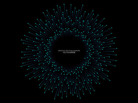 Abstract Vector Explosion Circle Frame With Dots Line Equalizer Pattern In Blue Green Color Isolated On Black Background With Space For Text In Concept Of Music, Technology, Science, Digital, AI