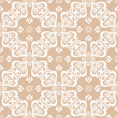 White seamless pattern on brown beige background. Floral design