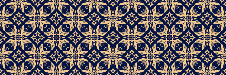 Golden floral print. On dark blue seamless background