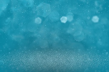 light blue wonderful bright glitter lights defocused bokeh abstract background and falling snow flakes fly, festal mockup texture with blank space for your content