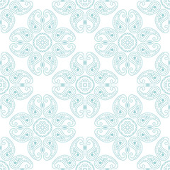 Pale blue seamless pattern on white backdrop. Geometric background. Indian style