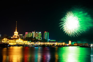 Fototapeta na wymiar Fireworks at the port of Sochi, Russia