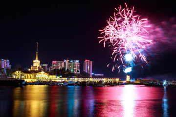 Fototapeta na wymiar Fireworks at the port of Sochi, Russia