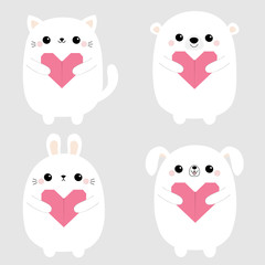 White rabbit cat kitten hare bear dog puppy head face set holding pink origami paper heart. Happy Valentines Day. Cute cartoon kawaii funny baby animal character Flat design. Love card Gray background