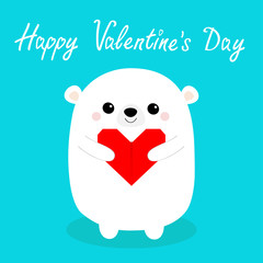 Happy Valentines Day. White baby bear head face holding red origami paper heart. Cute cartoon kawaii funny animal character. Love card. Flat design. Blue background. Isolated.